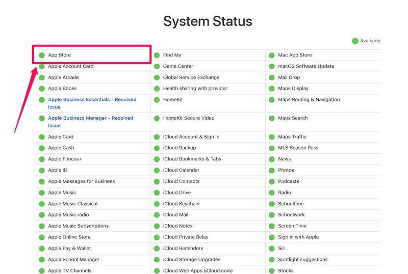 Cửa hàng ứng dụng trạng thái hệ thống của Apple