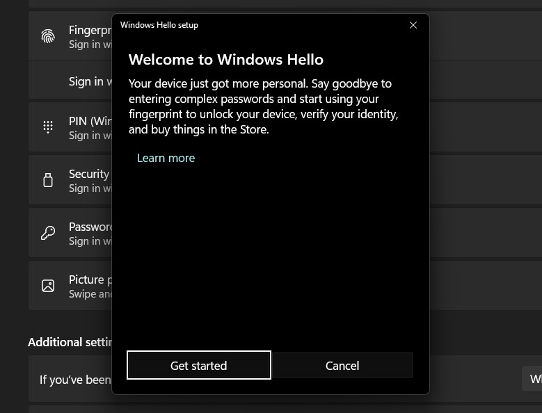 Nút Bắt đầu cho Windows Hello Setup