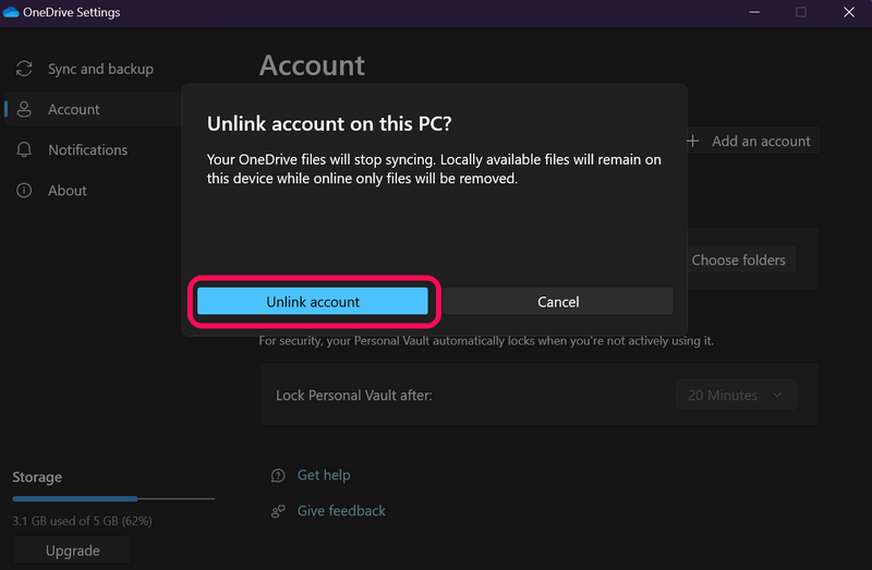 Hủy liên kết PC khỏi OneDrive Windows 11 4
